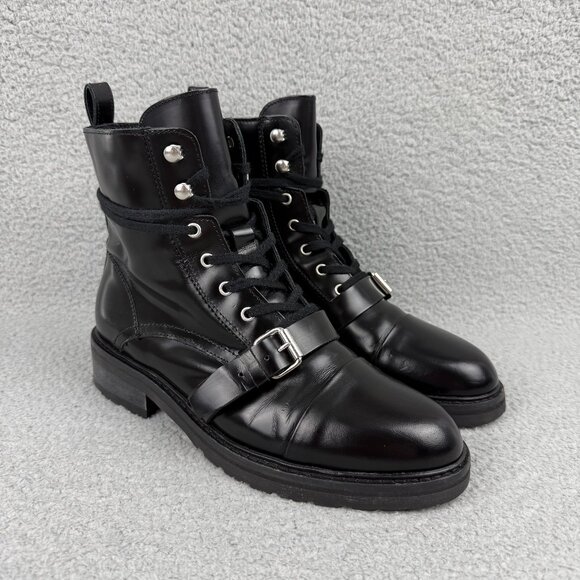 All Saints Shoes - All Saints Black Leather Combat Boots with Buckle